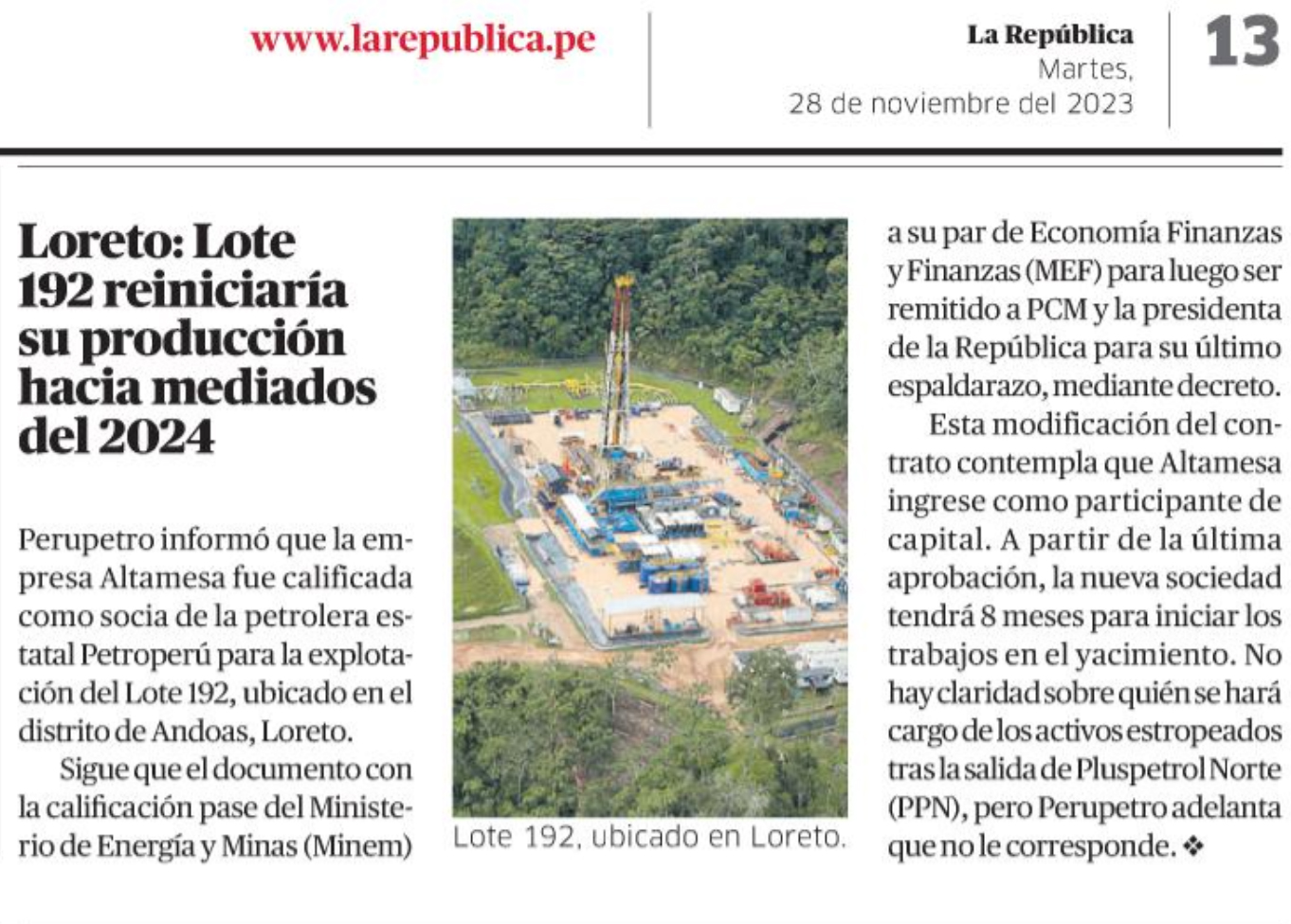 Lee más sobre el artículo Loreto: Lote 192 reiniciaría su producción hacia mediados del 2024